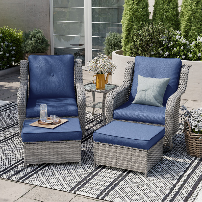 Silesia 2 Person Oversized Outdoor Seating Group Wicker Swivel Rocker Chairs with Cushions Blue